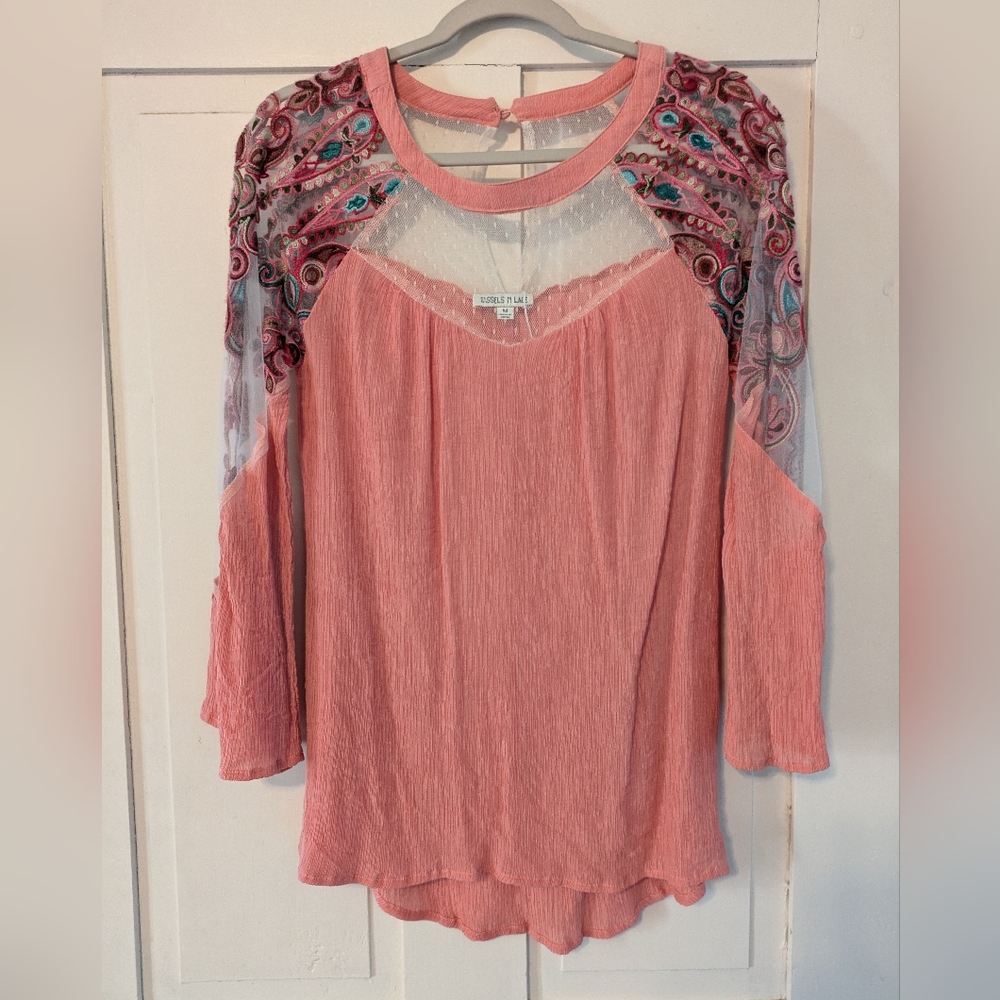Tassels & Lace Pink Tunic Top with Netting Inset and Embroidery- L
